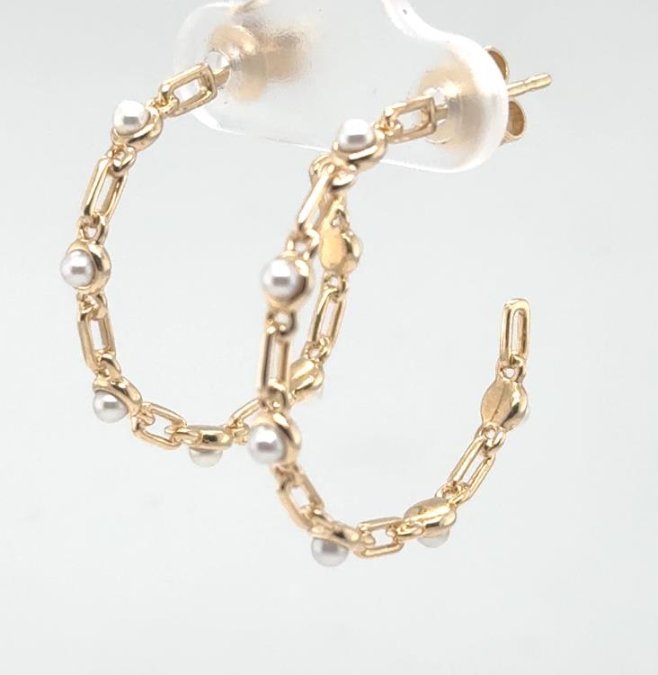 14K yellow gold hoop earrings with chain-link design and spaced white pearls.