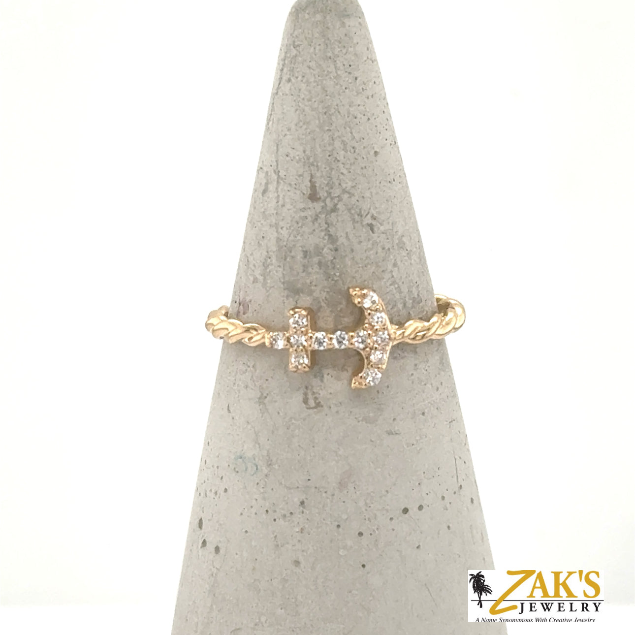 14K yellow gold ring with diamond pavé sideways anchor and twisted cable band.