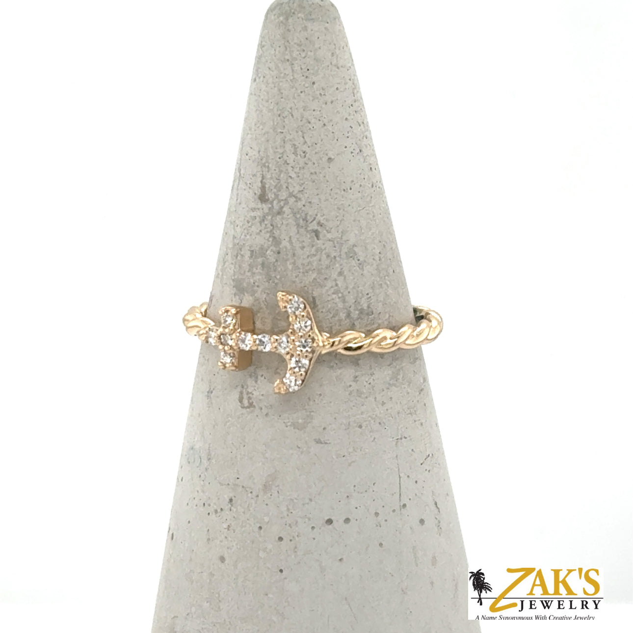 14K yellow gold ring with sideways diamond anchor and twisted cable band.