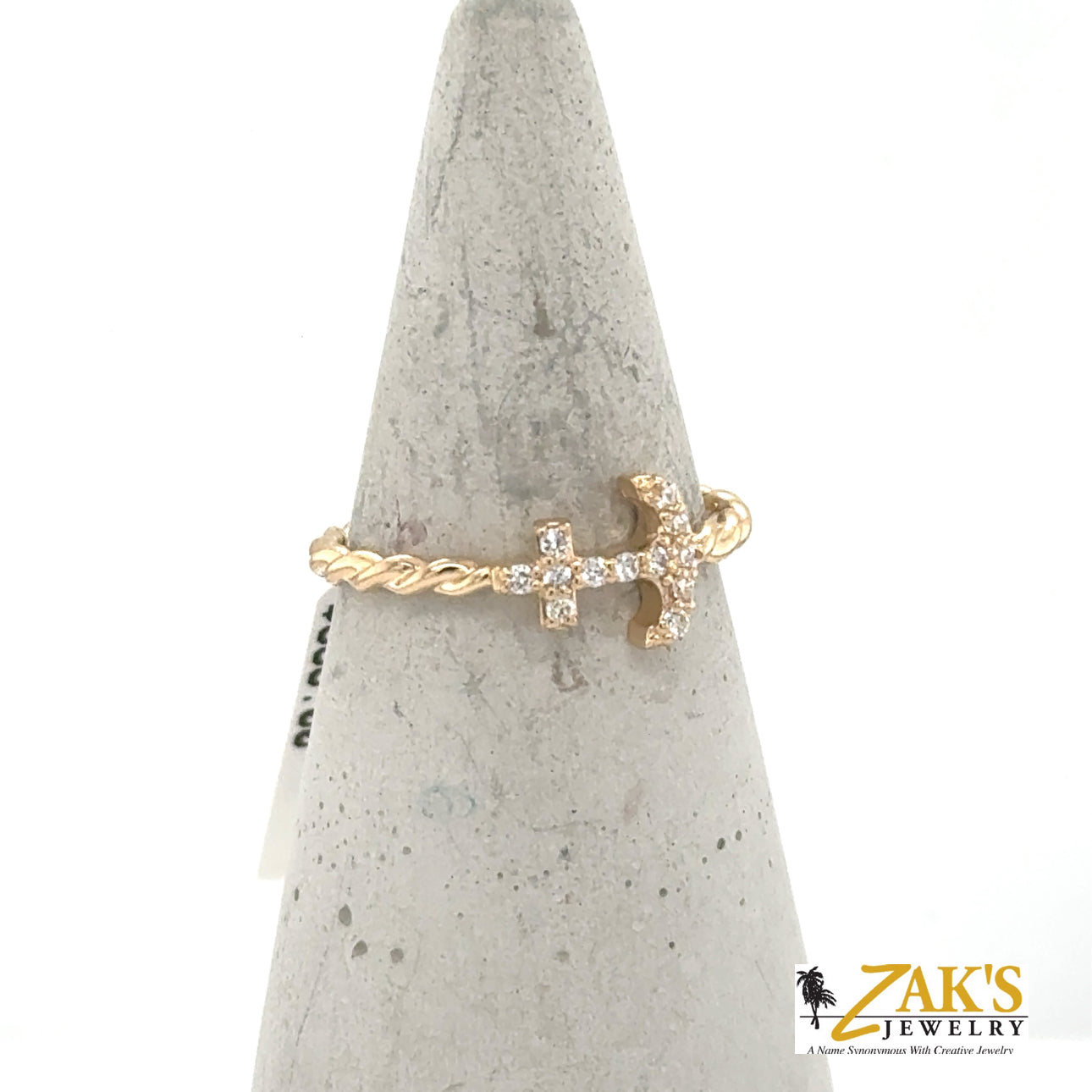 14K yellow gold ring with diamond anchor motif and twisted cable band.