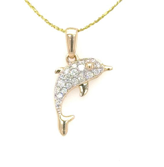 14K yellow gold dolphin pendant with pavé-set round diamonds and tapered bail.