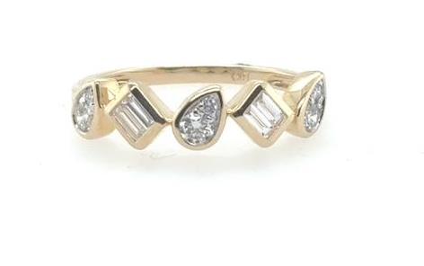14K yellow gold band with alternating baguette, round, and pear-shaped diamond settings.