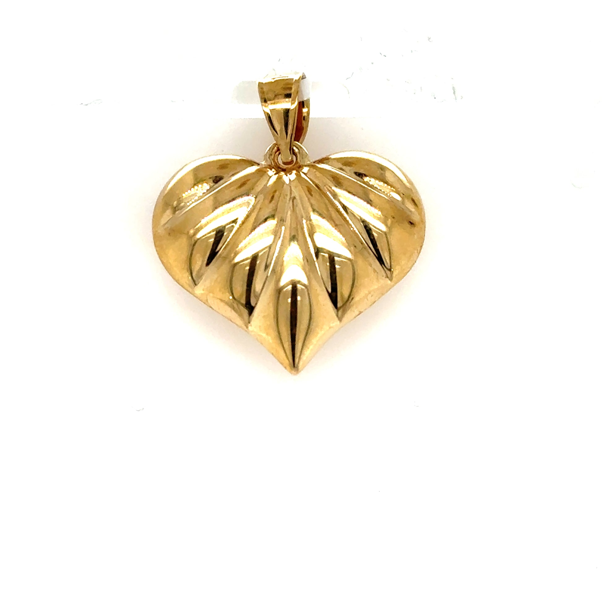 14K yellow gold puffed heart charm with ribbed detailing and plain bail.