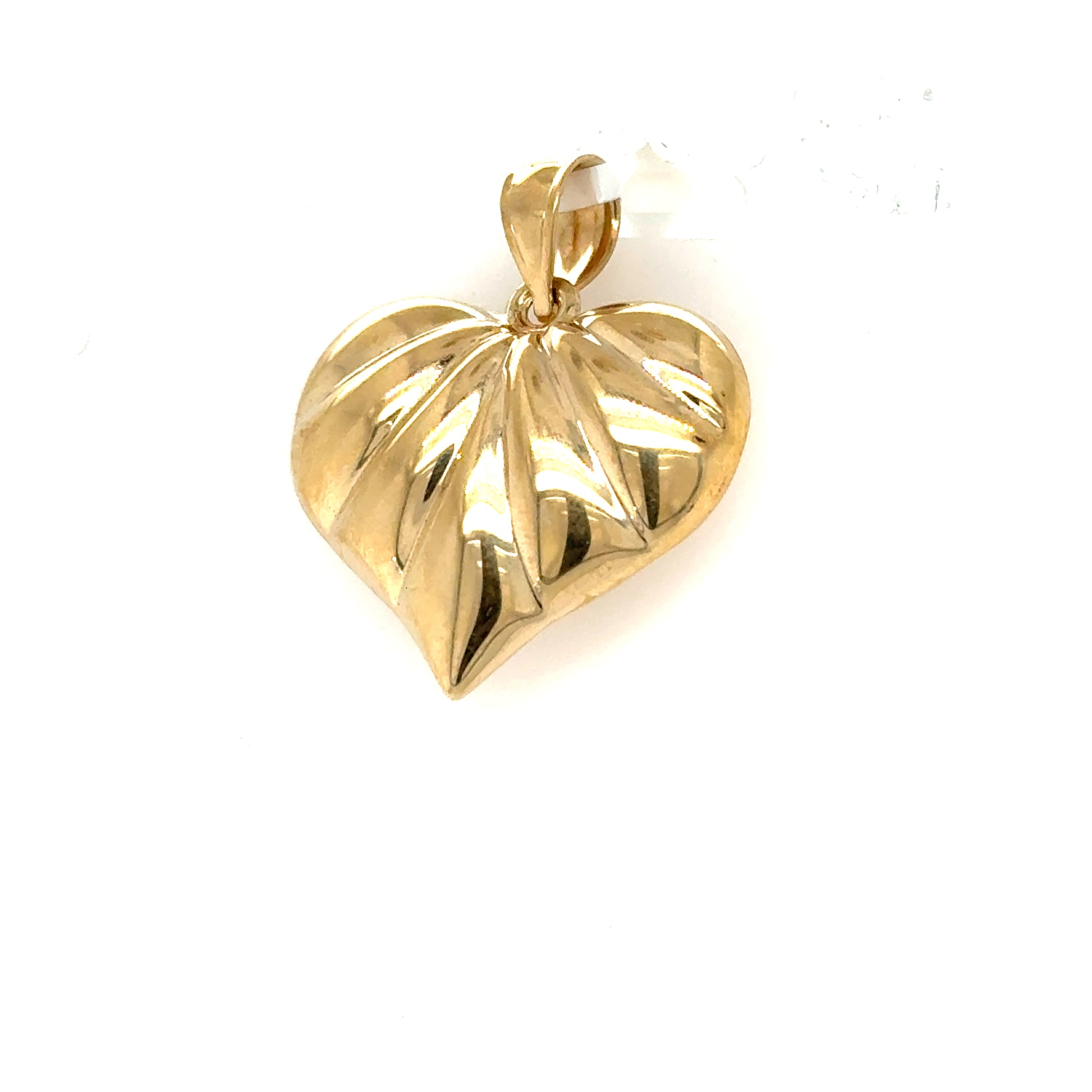 14K yellow gold puffed heart charm with ribbed design and plain bail.