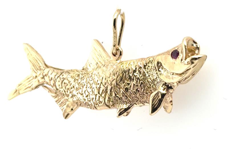 14K yellow gold tarpon pendant with detailed scales and a small ruby eye.