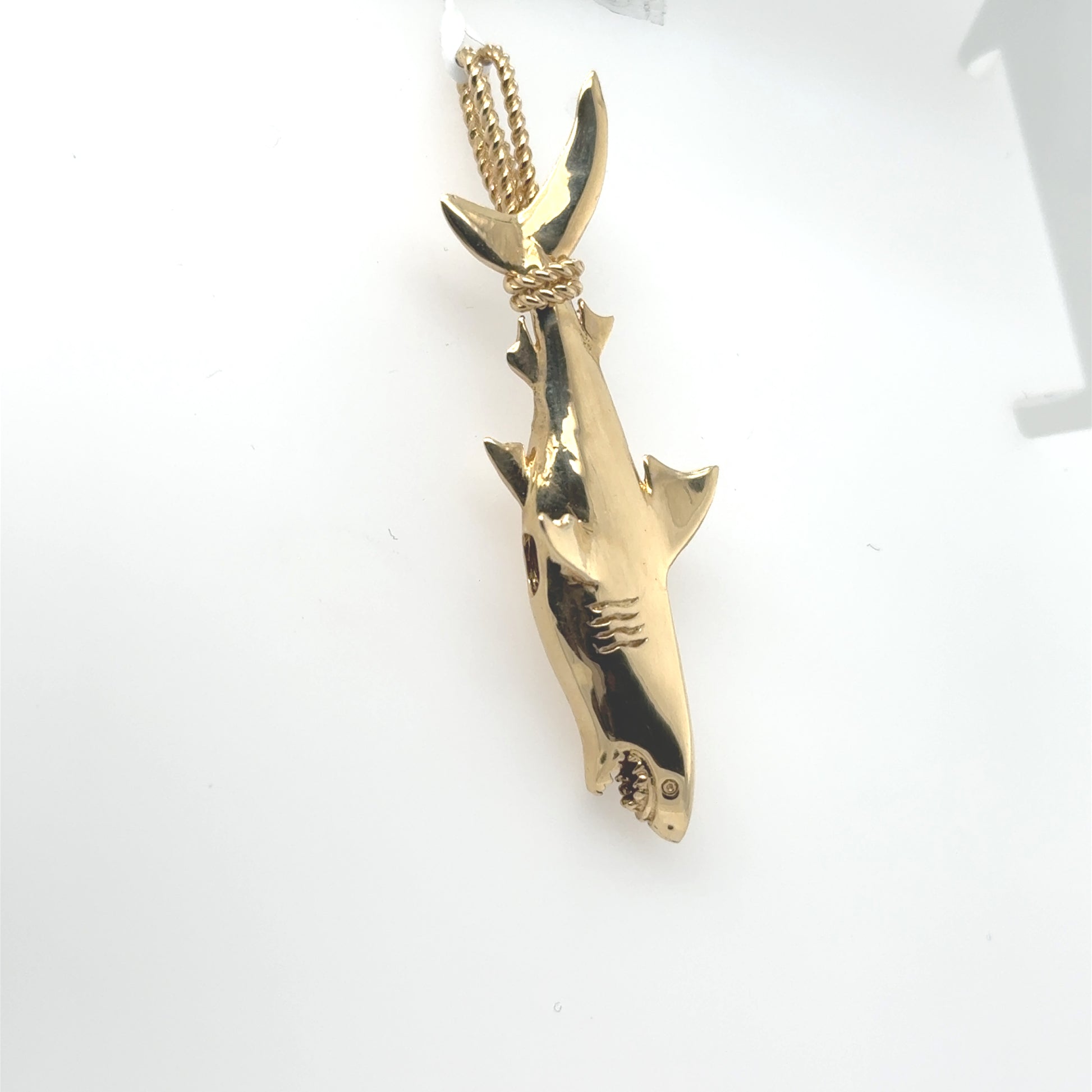 14K yellow gold fully dimensional shark pendant with cable bail, polished finish.
