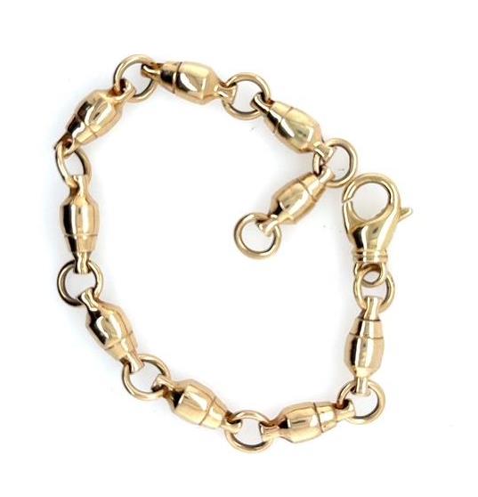 14K yellow gold bracelet with swivel-style barrel links and a lobster clasp.