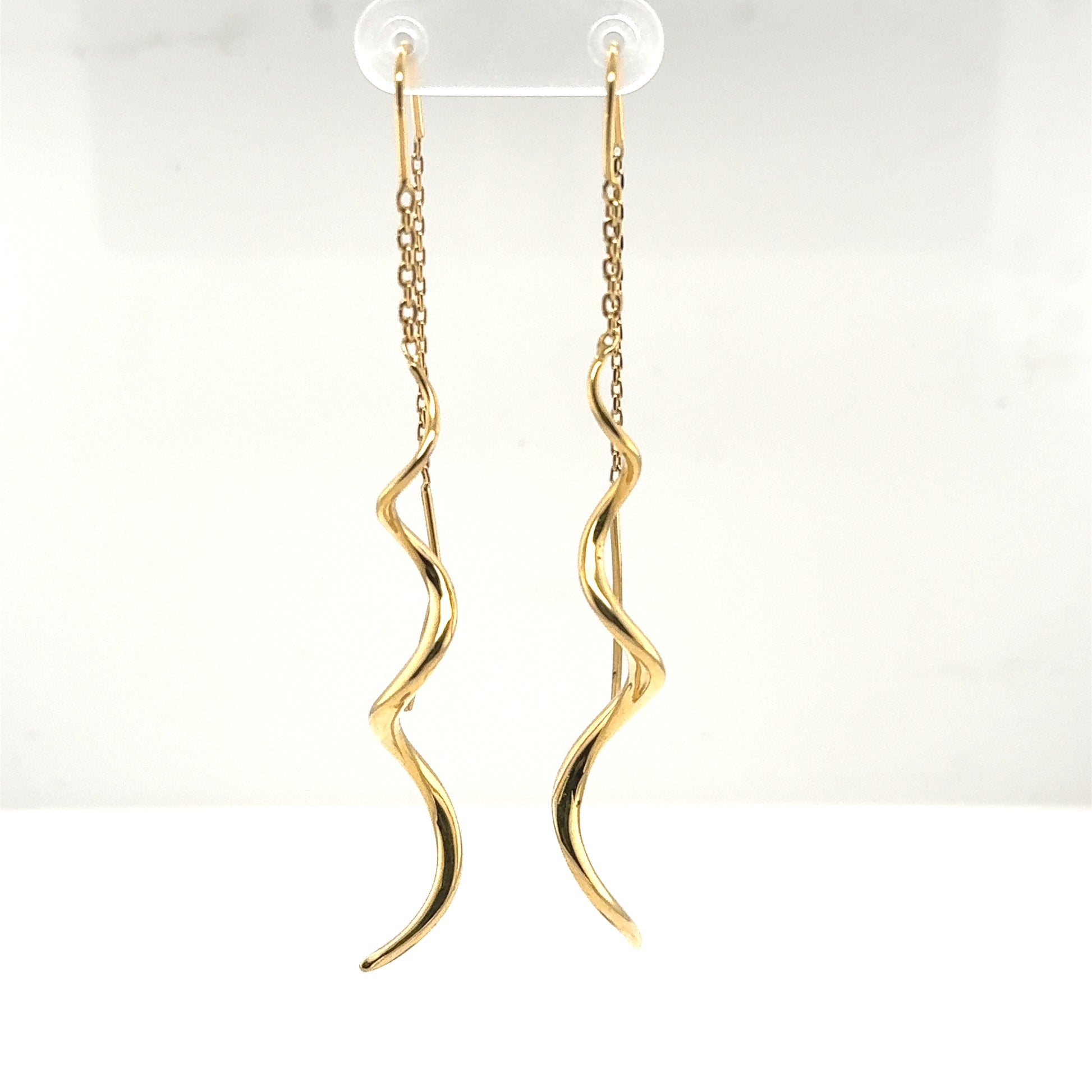 14K yellow gold threader earrings with twisted tubing drops and fine chains.