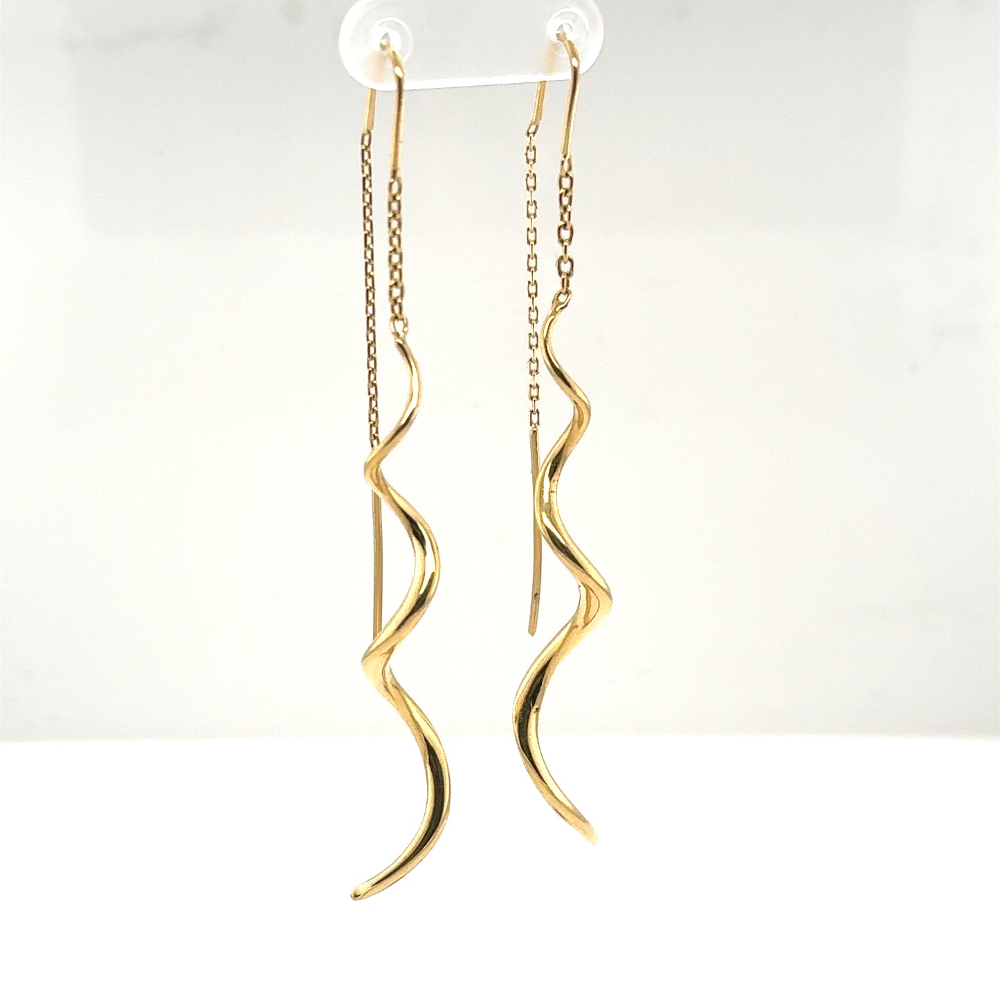 14K yellow gold twist threader earrings with curvy dangles and chain backs.