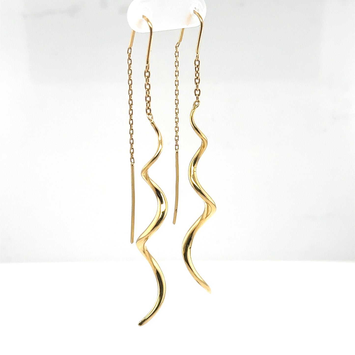 14K yellow gold threader earrings with long chains and twisted dangle drops.