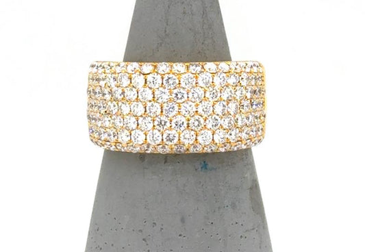 Wide 14K yellow gold band with seven rows of round pavé diamonds.