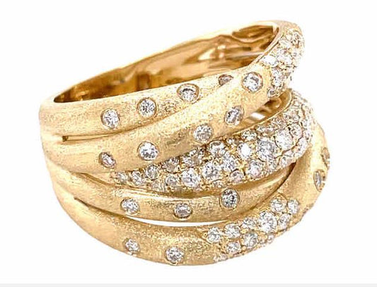 14K yellow gold multi-row crossover ring with pavé-set round diamonds.