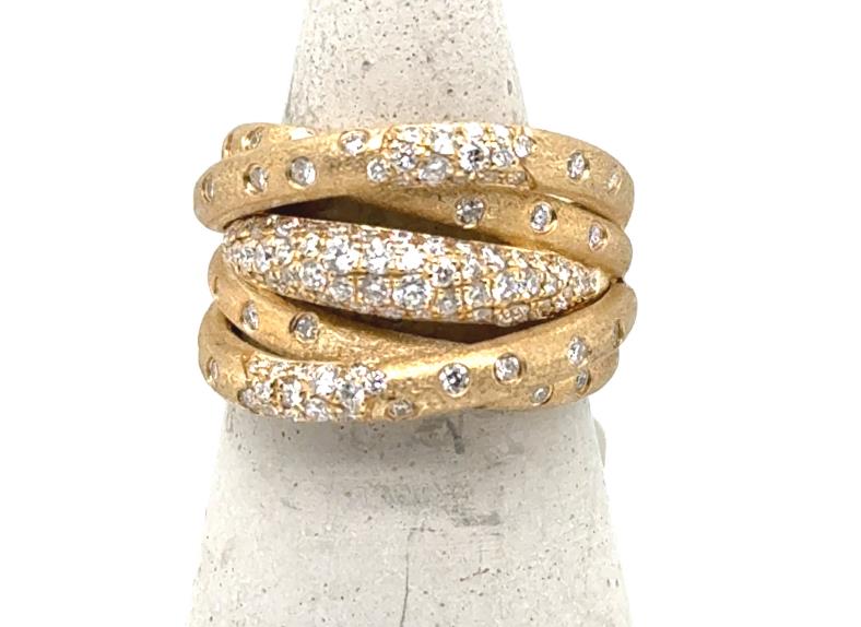 14K yellow gold multi-row crossover ring with pave-set round white diamonds.