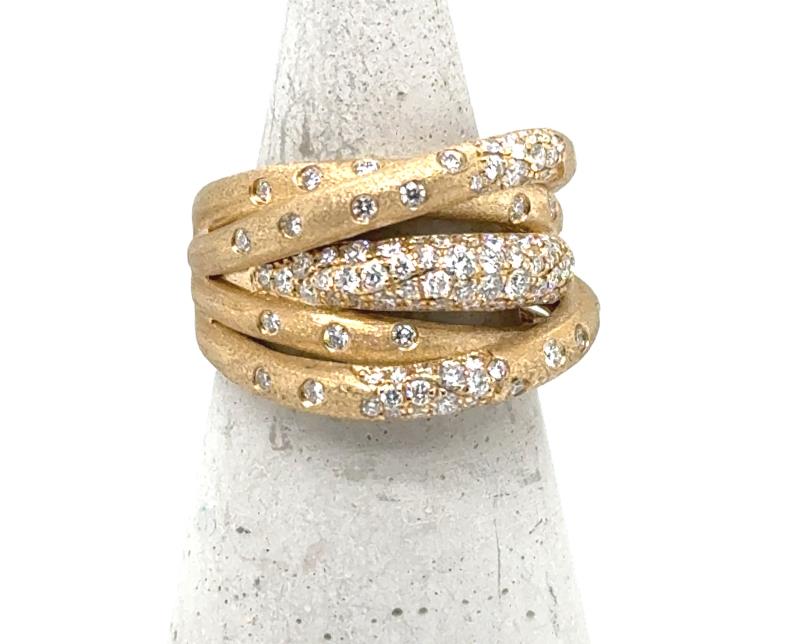 14K yellow gold multi-row crossover ring with pavé-set round diamonds, matte finish.