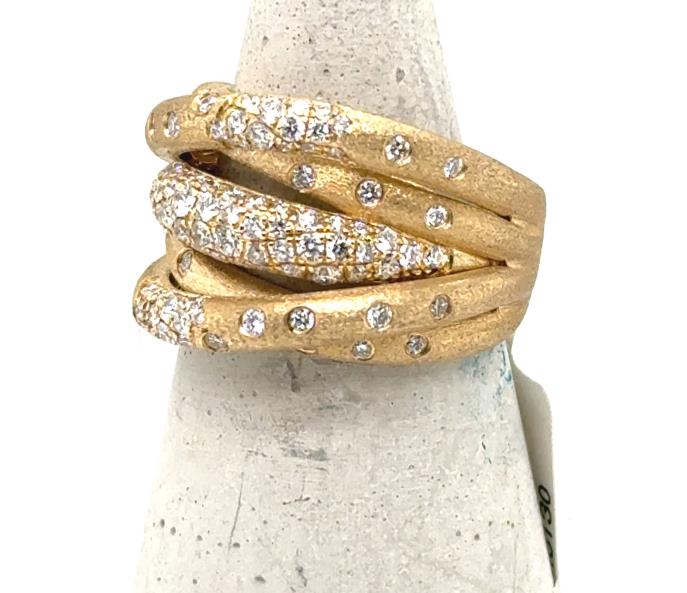 14K yellow gold wide crossover ring with multi-row pavé diamond bands.