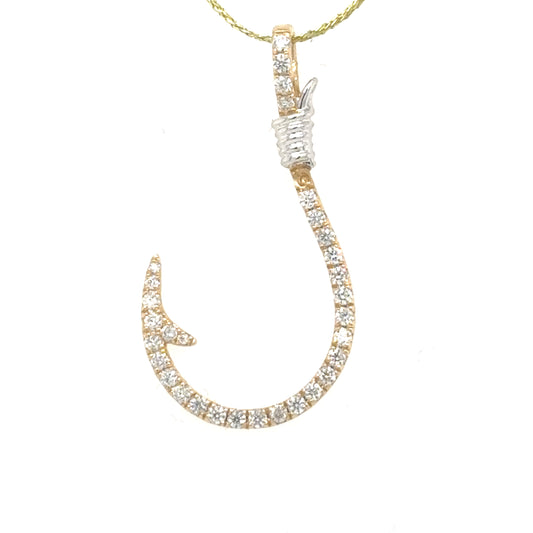 14K yellow gold fish hook pendant with pavé diamonds and white-gold cable wrap.