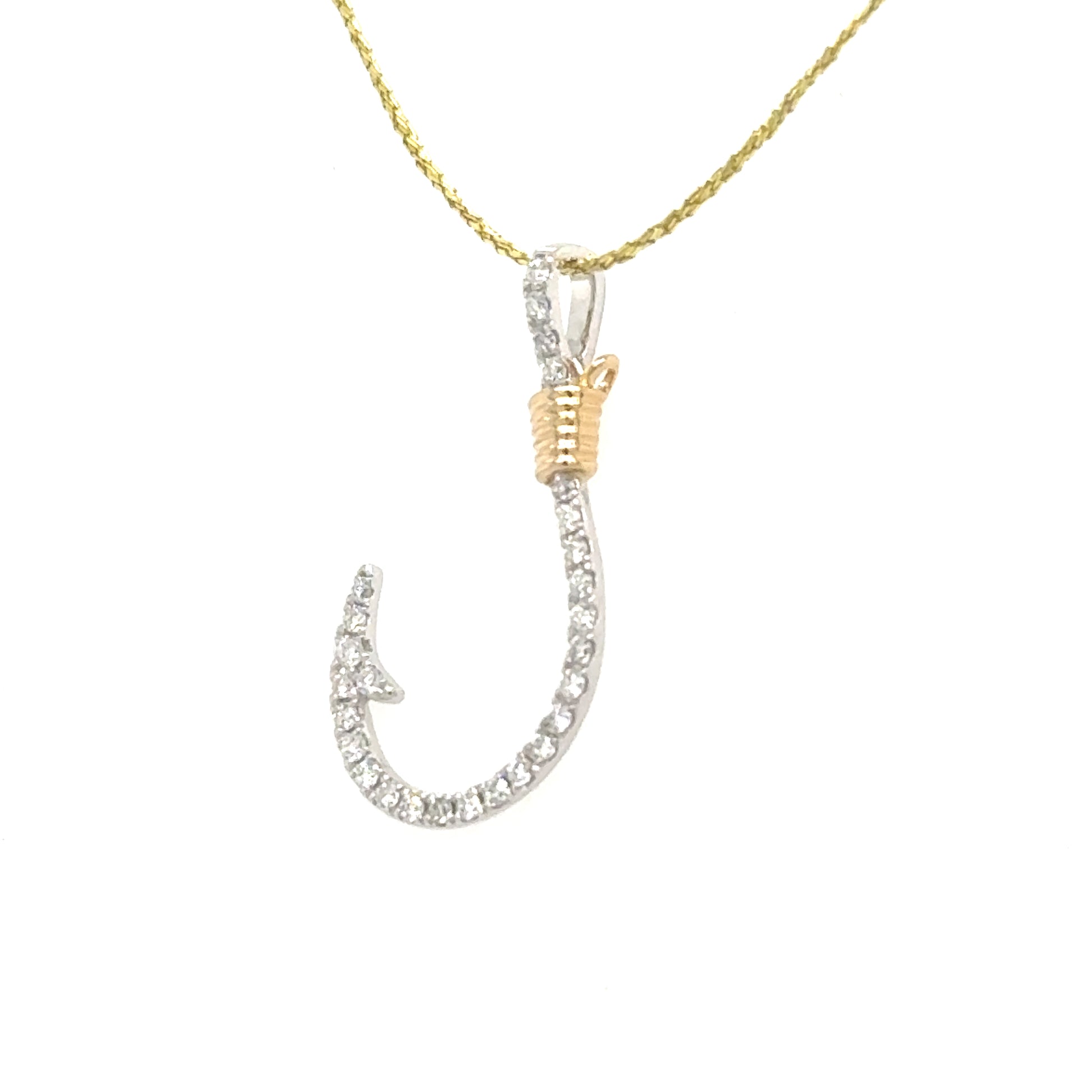 14K white gold diamond hook pendant with yellow gold cable wrap accent.