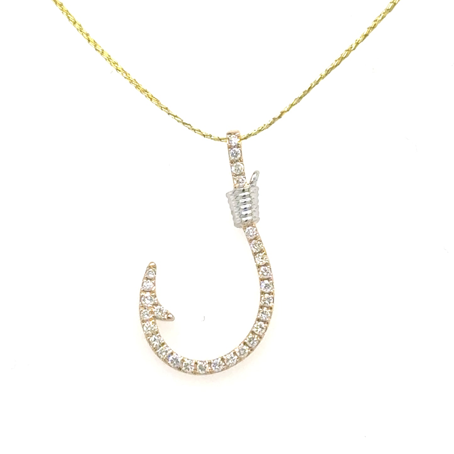 Diamond-studded fishhook pendant in 14K white and yellow gold with wrapped accent.
