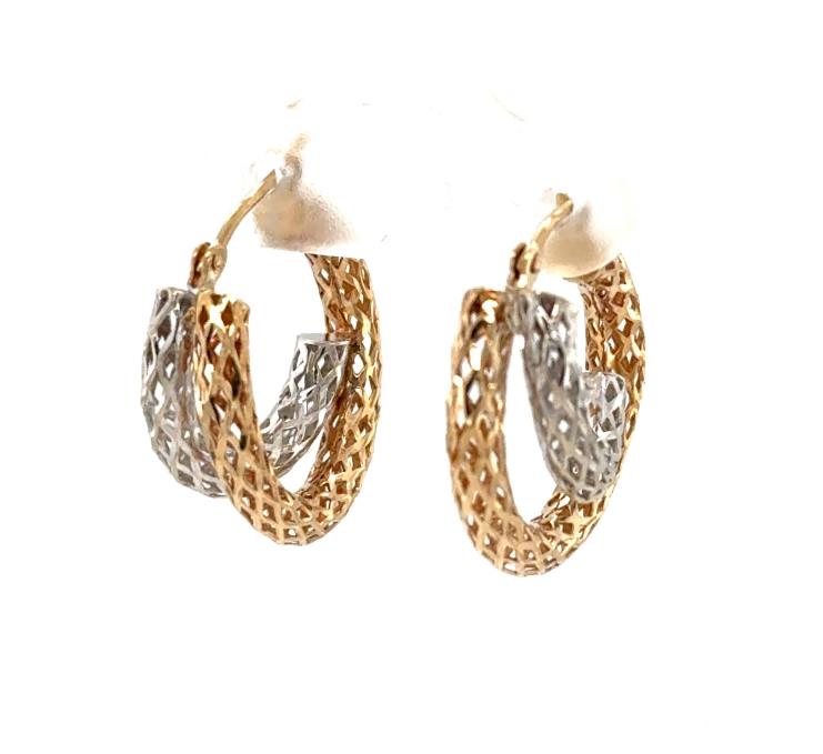Small two-tone 14K hoop earrings with openwork filigree yellow and white bands.