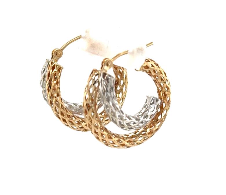 Small two-tone filigree hoop earrings in yellow and white gold lattice design.
