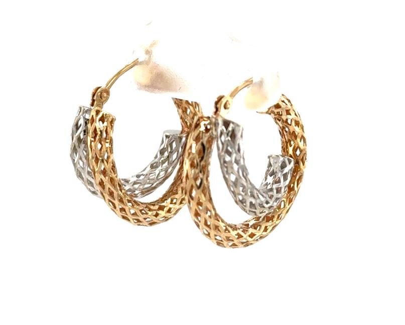 Two-tone 14K yellow and white gold filigree tube hoop earrings.