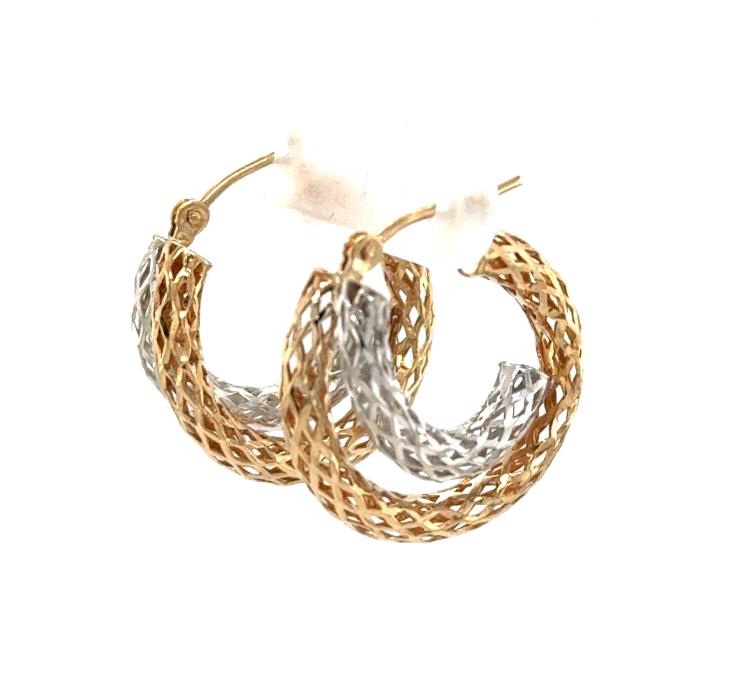14K yellow and white gold filigree tube hoop earrings with lattice texture.