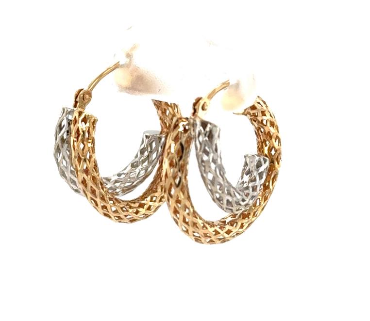 Small two-tone 14K hoop earrings with open lattice filigree design.