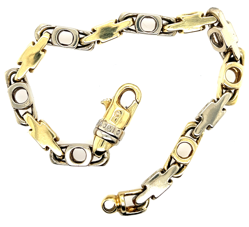 14K yellow and white gold men’s bracelet with alternating fancy links and swivel lobster clasp.