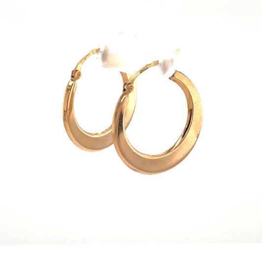 14K rose gold hoop earrings with flat, wider-bottom tubing and hinged clasps.