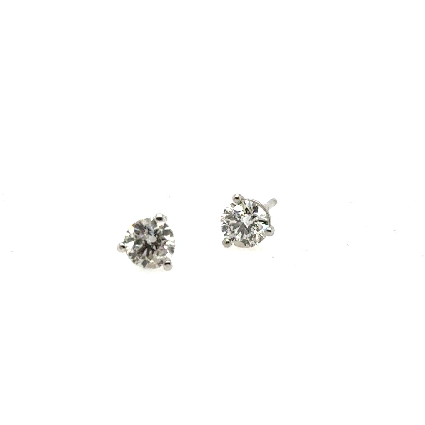 Round lab-grown diamond stud earrings in white gold, three-prong martini settings.