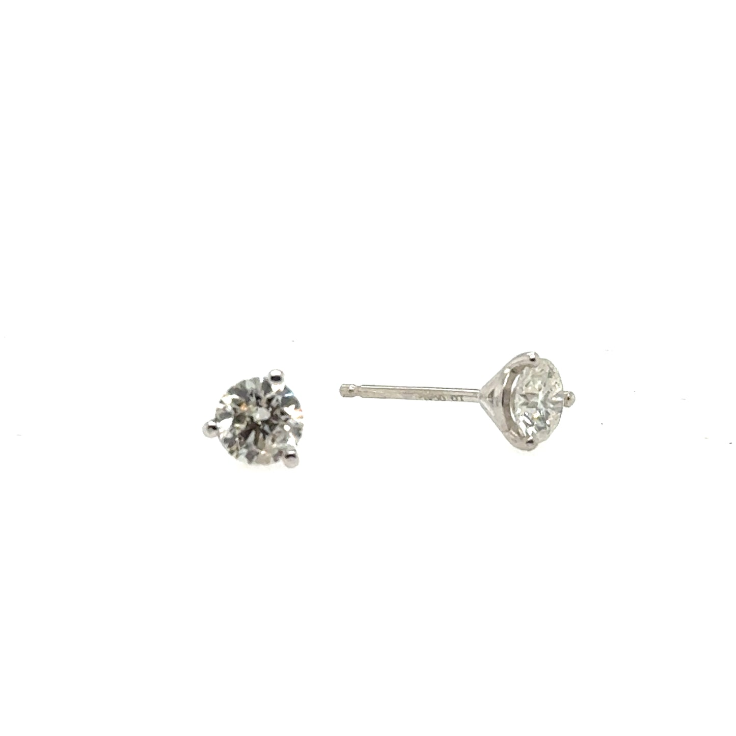 14K white gold lab-grown diamond studs in three-prong martini settings with posts.