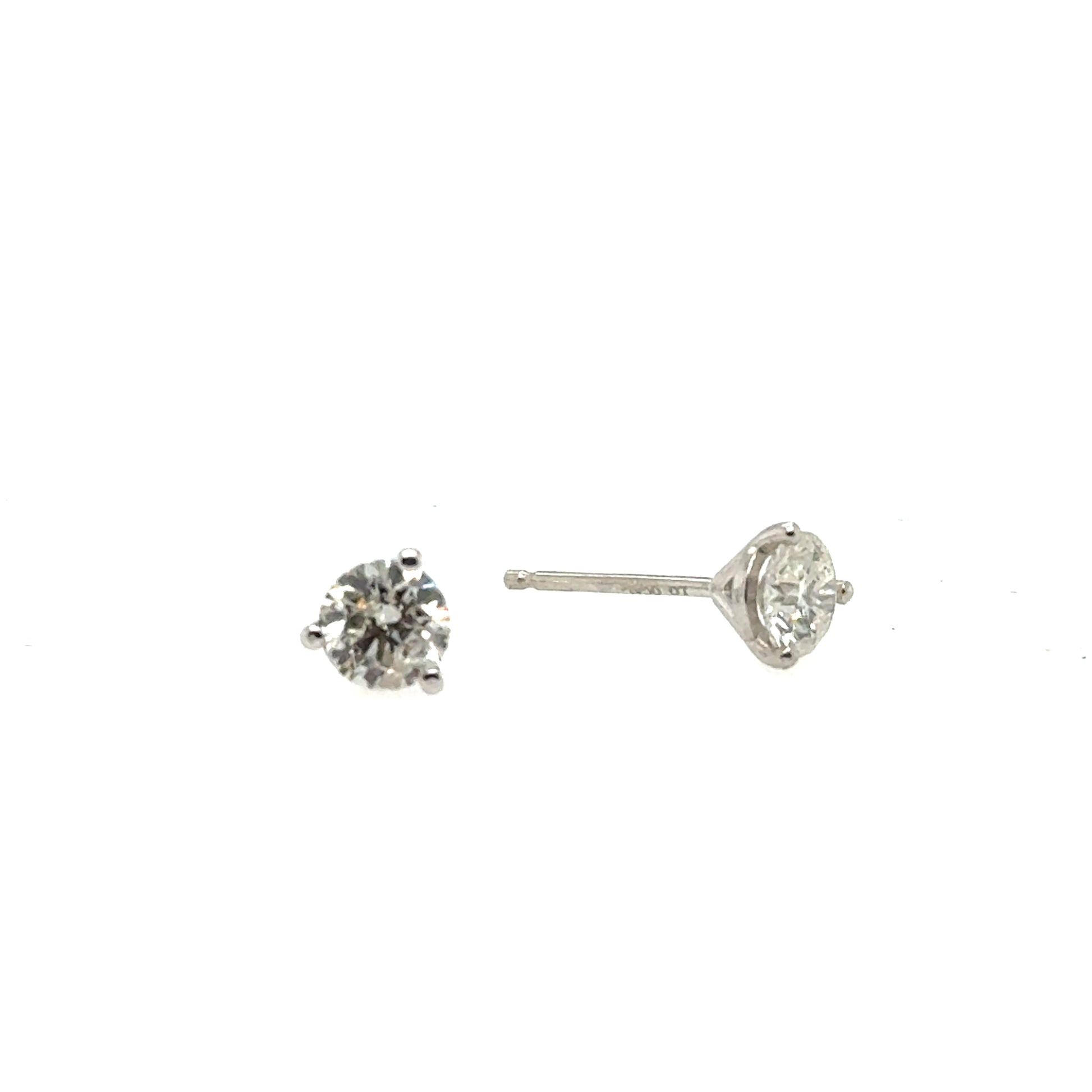 14K white gold lab-grown diamond studs in three-prong martini settings with posts.