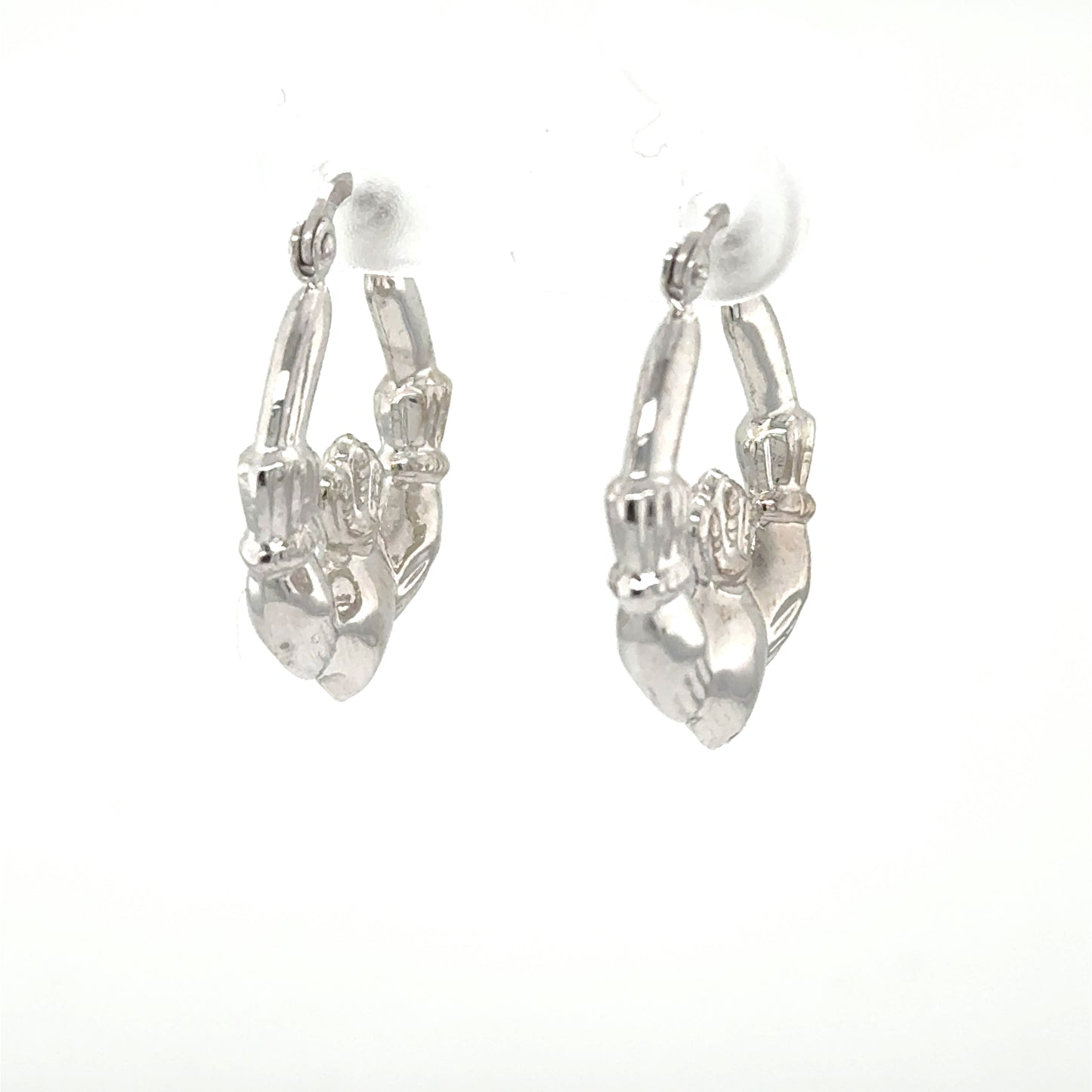 14K white gold hoop earrings with Claddagh heart, crown, and hands motif.