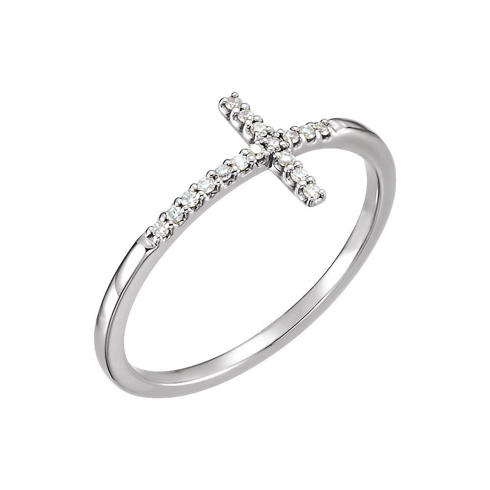 14K white gold ring with sideways diamond cross on a thin band.