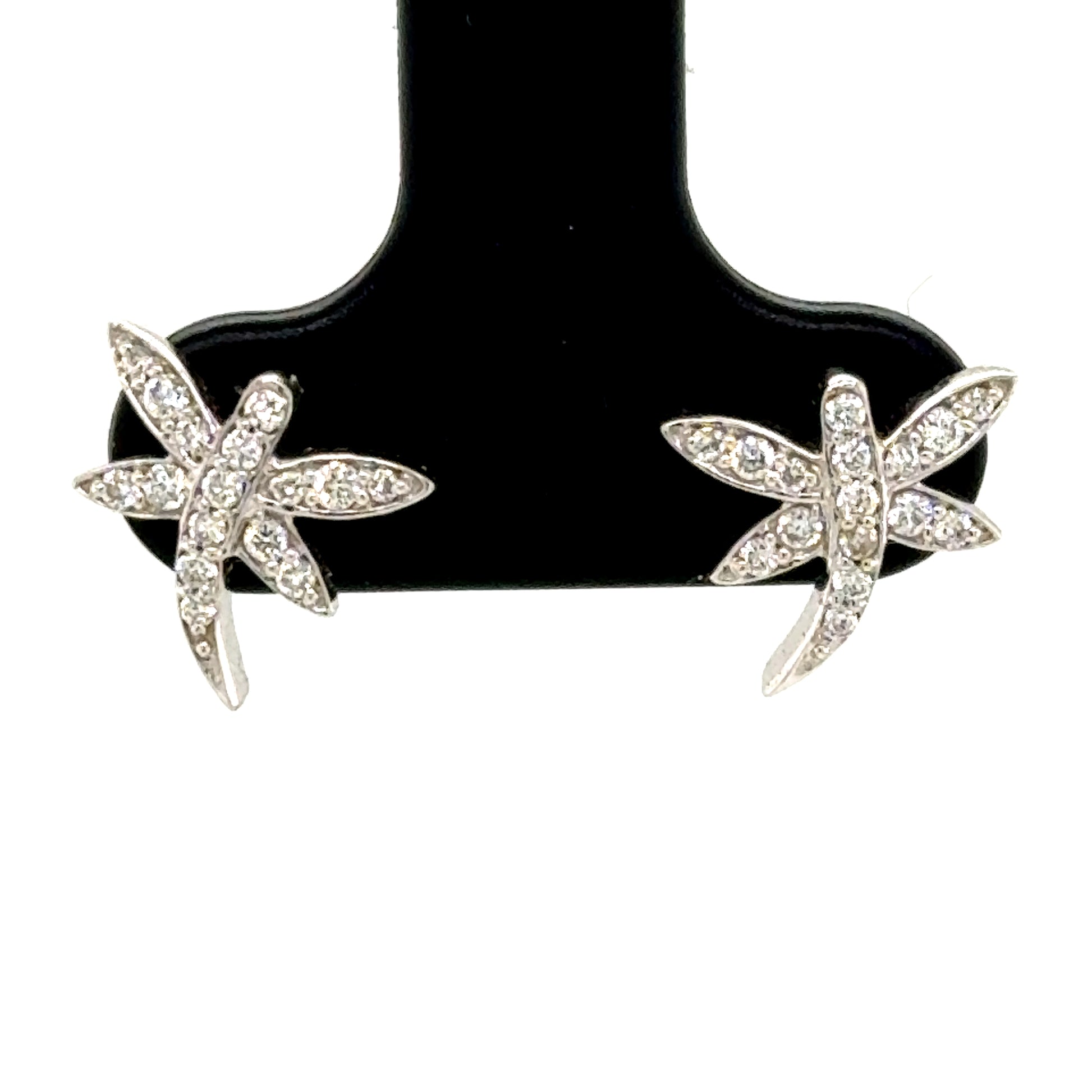 14K white gold diamond dragonfly stud earrings with pavé-set wings for pierced ears.