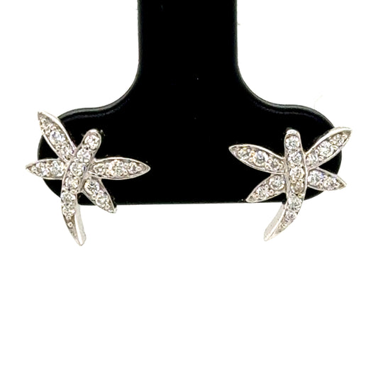 14K white gold diamond dragonfly stud earrings with pavé-set wings for pierced ears.