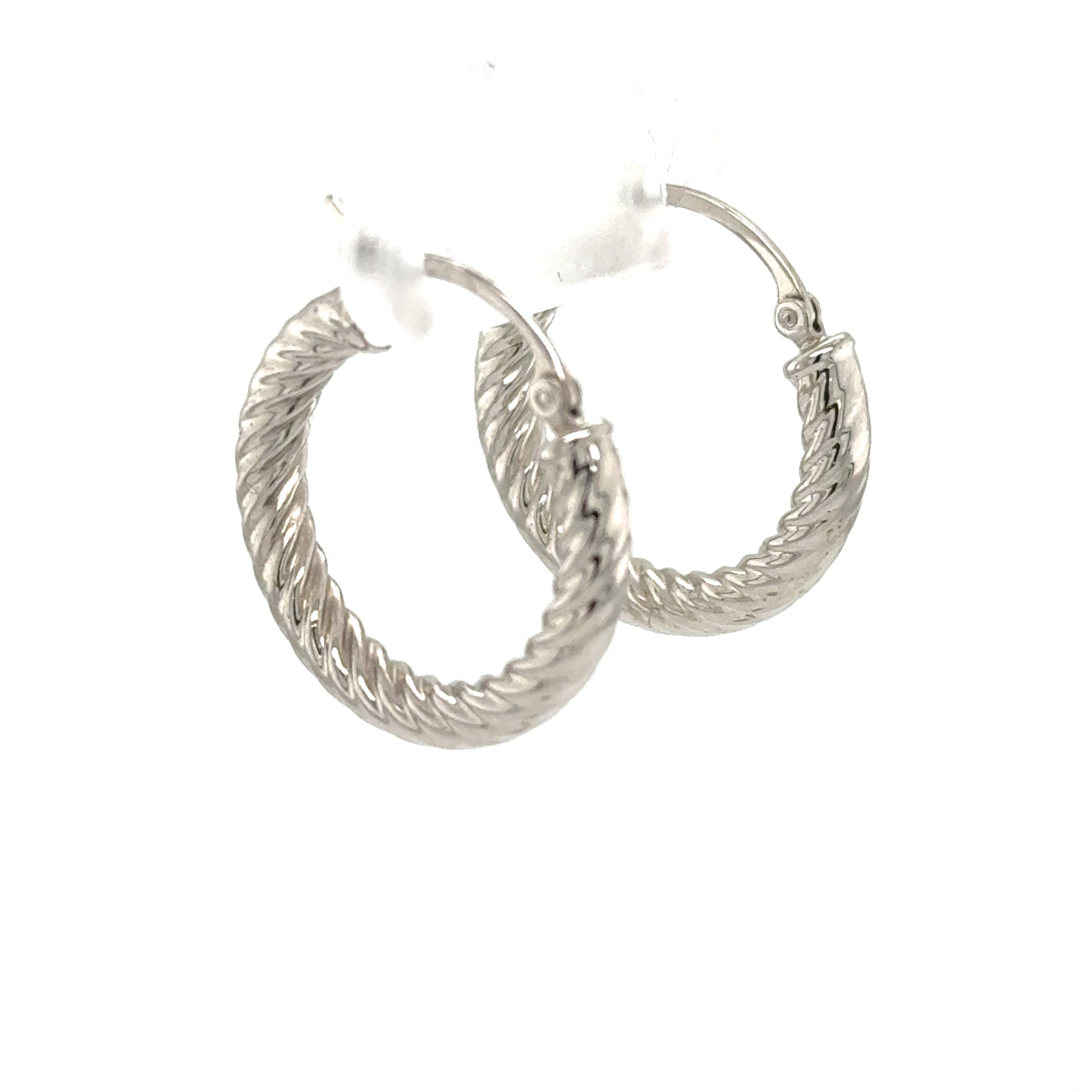 14K white gold ribbed tube hoop earrings with hinged latch backs.