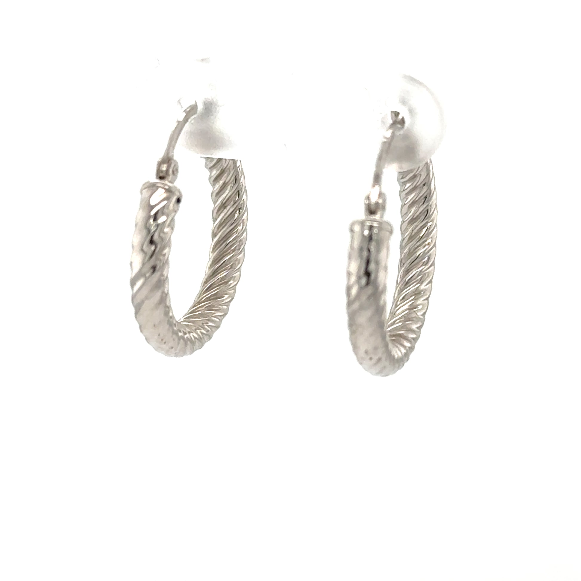 14K white gold ribbed tube hoop earrings with post backs, medium diameter.