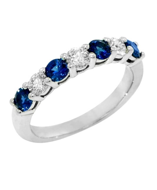 14K white gold band with alternating round blue sapphires and diamonds.