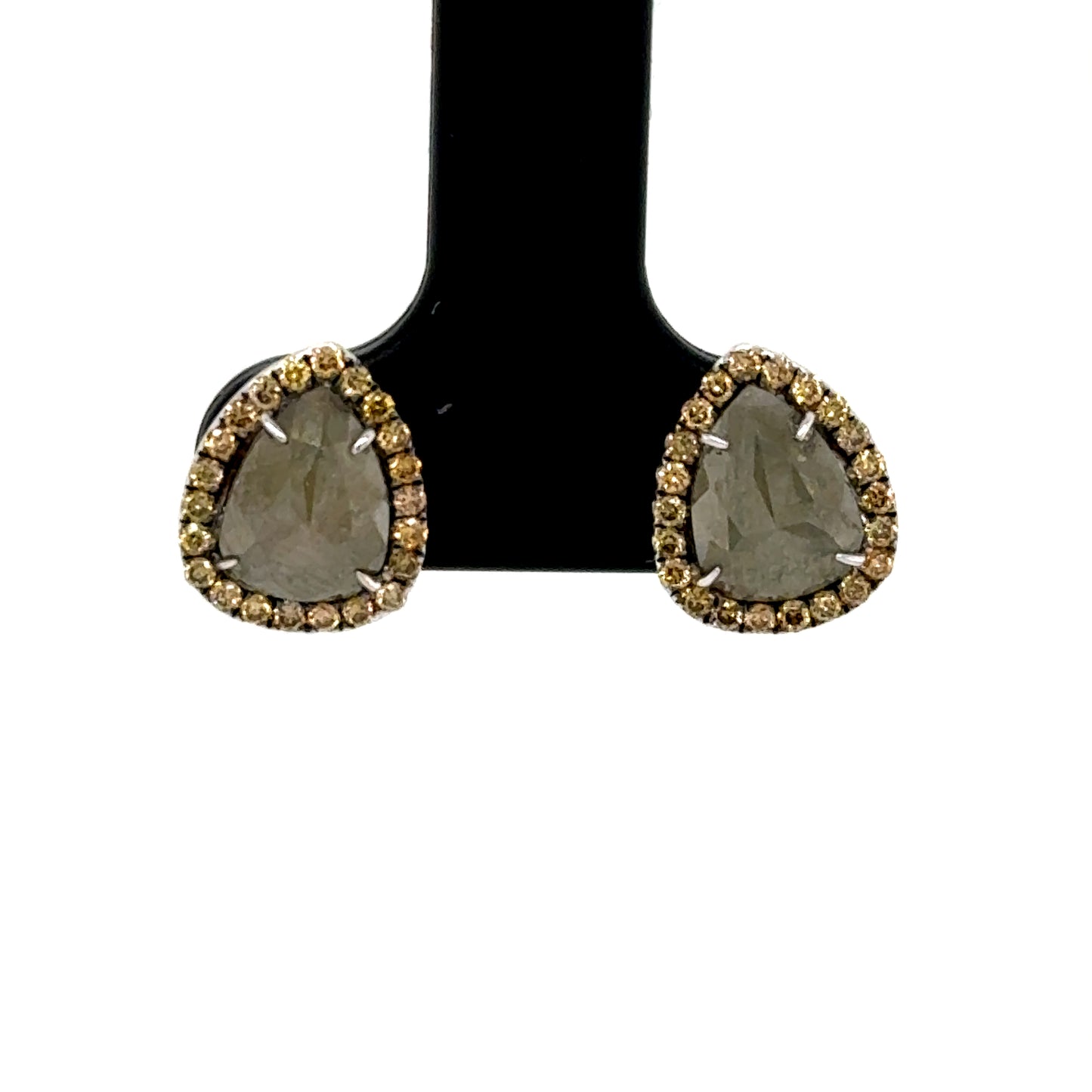 14K white gold stud earrings with pear-shaped slice diamonds and halo accents.