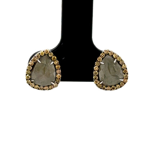 14K white gold stud earrings with pear-shaped slice diamonds and halo accents.