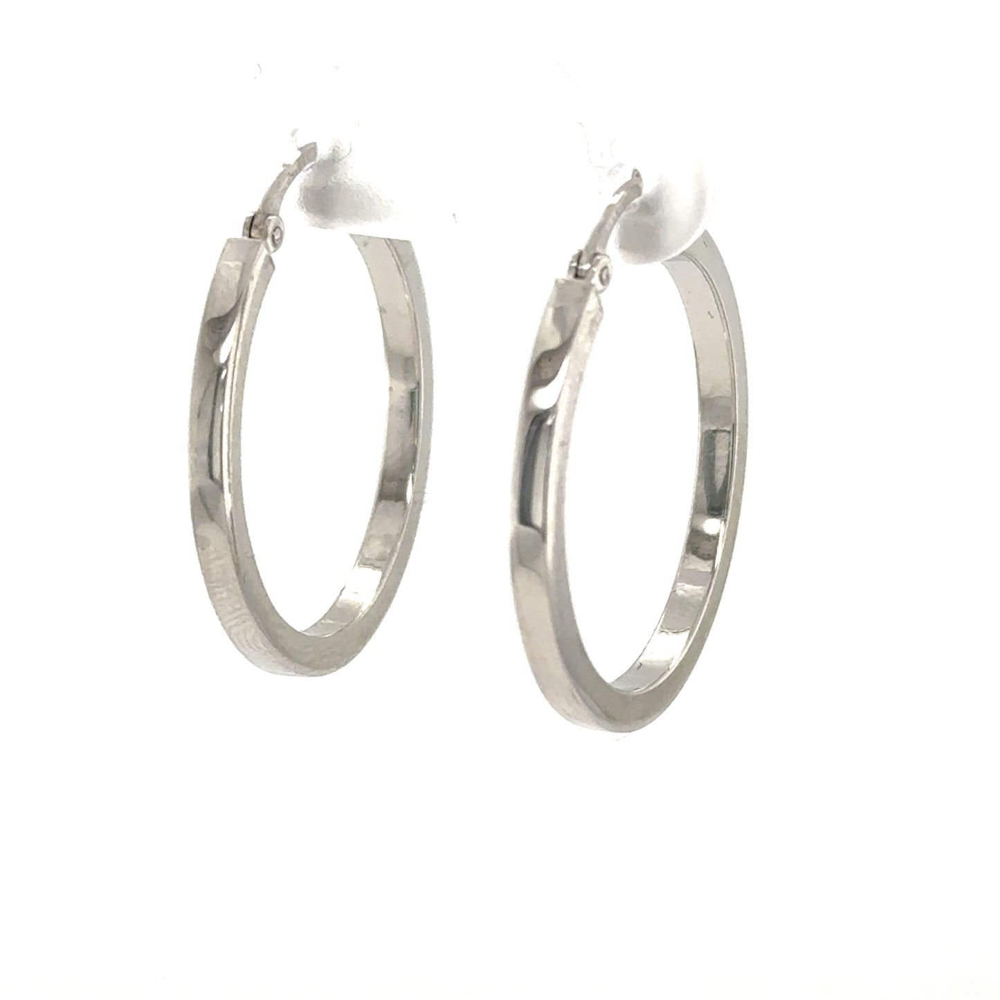 14K white gold square-tube hoop earrings with hinged latch backs.
