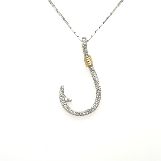 14K white gold diamond fish hook pendant with yellow gold wrapped accent.