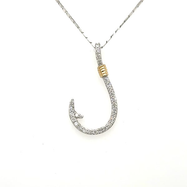 14K white gold diamond fish hook pendant with yellow gold wrapped accent.
