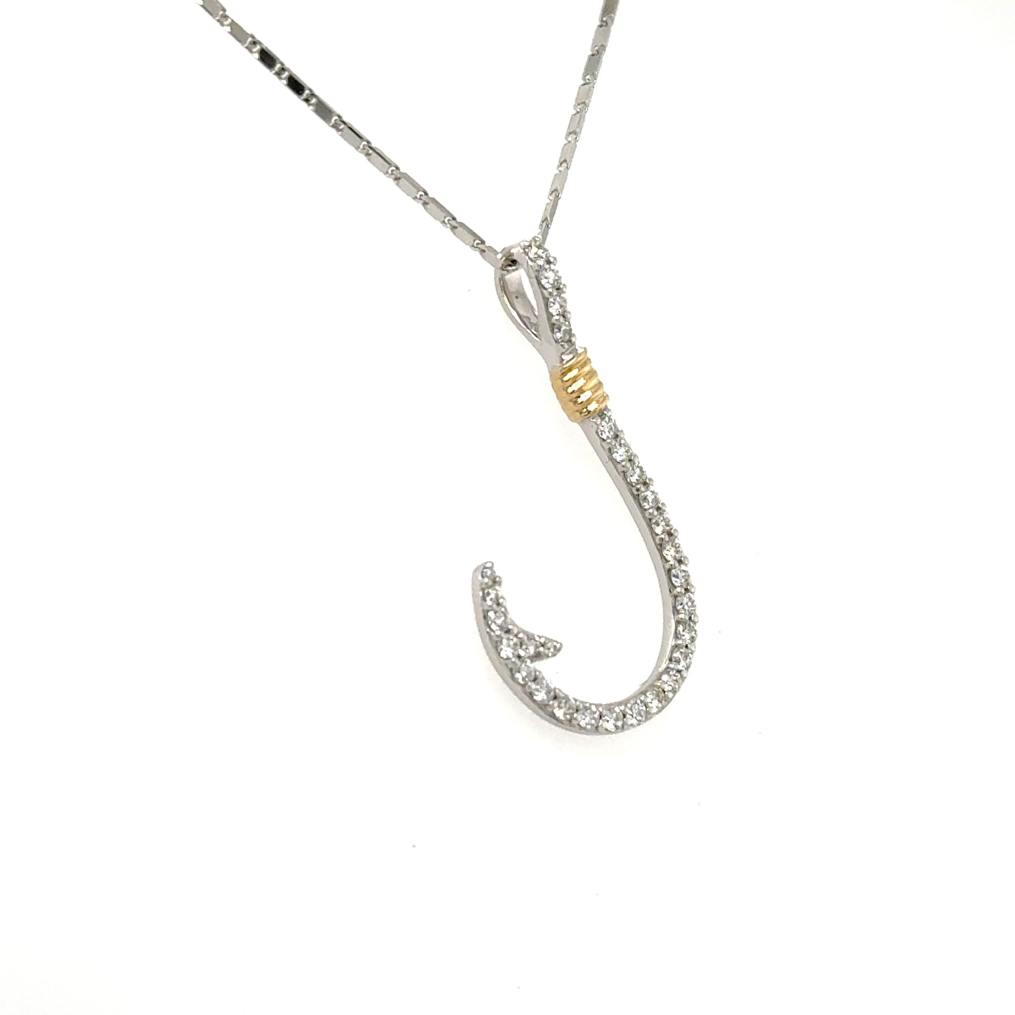 Two-tone 14K fish hook pendant with pavé diamonds and yellow gold wrap accent.