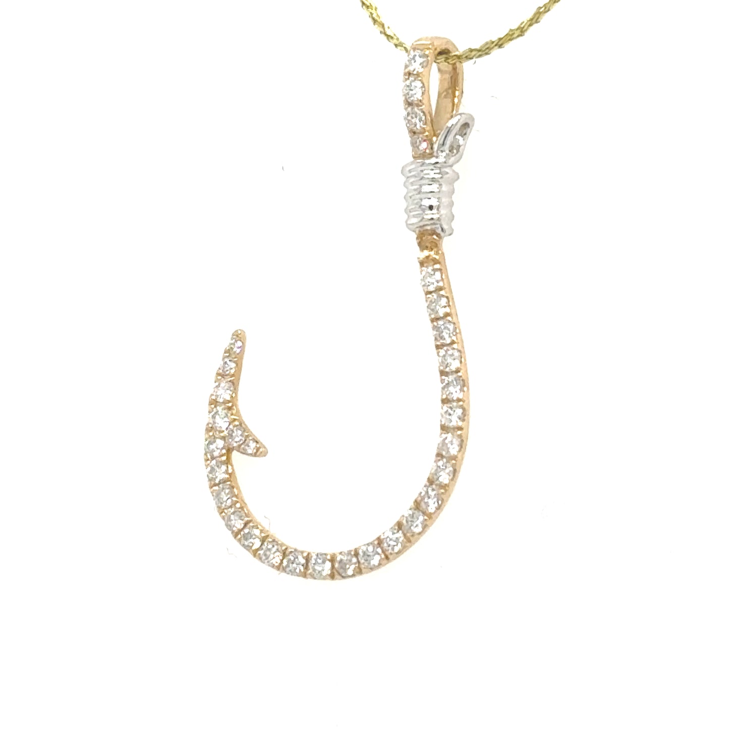 14K yellow gold fish hook pendant with diamond pavé and white gold wrap.