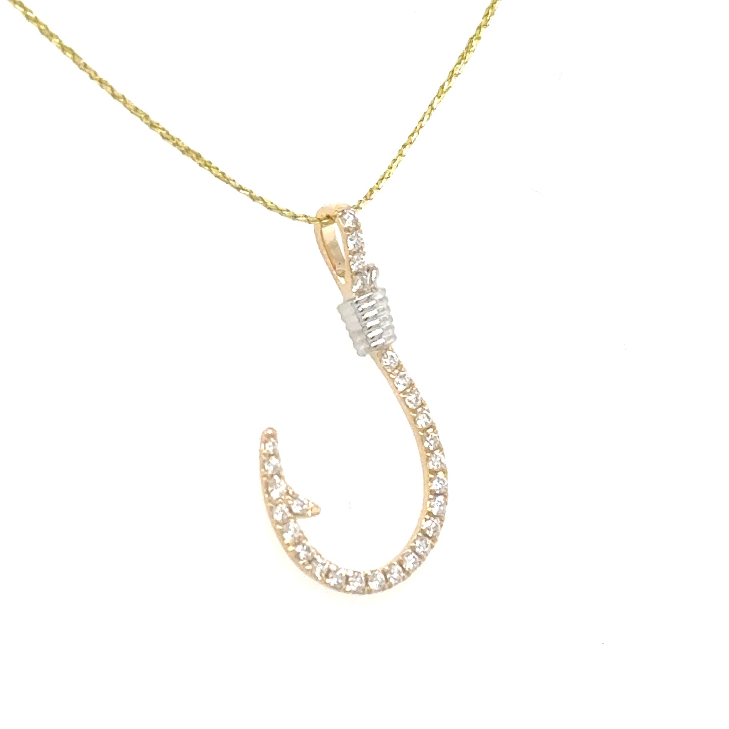 14K yellow and white gold fishhook pendant set with small round diamonds.