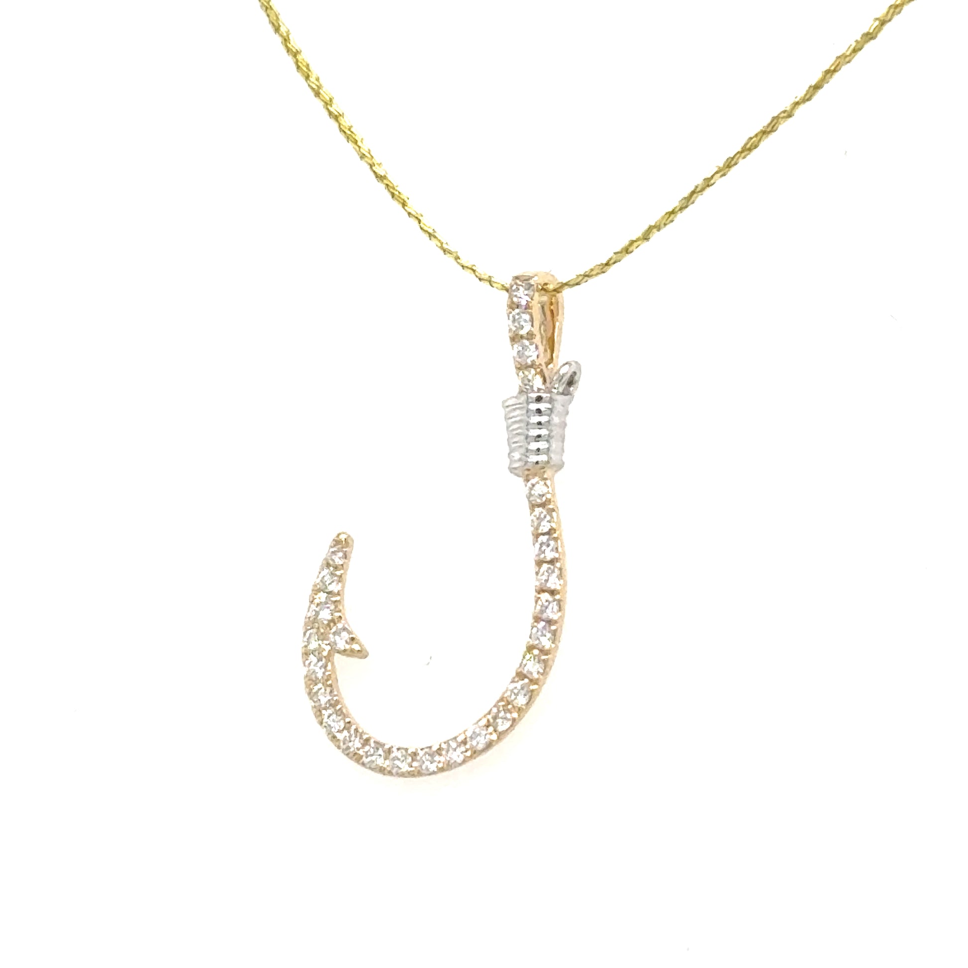 14K yellow and white gold fish hook pendant with pavé diamonds and cable wrap.