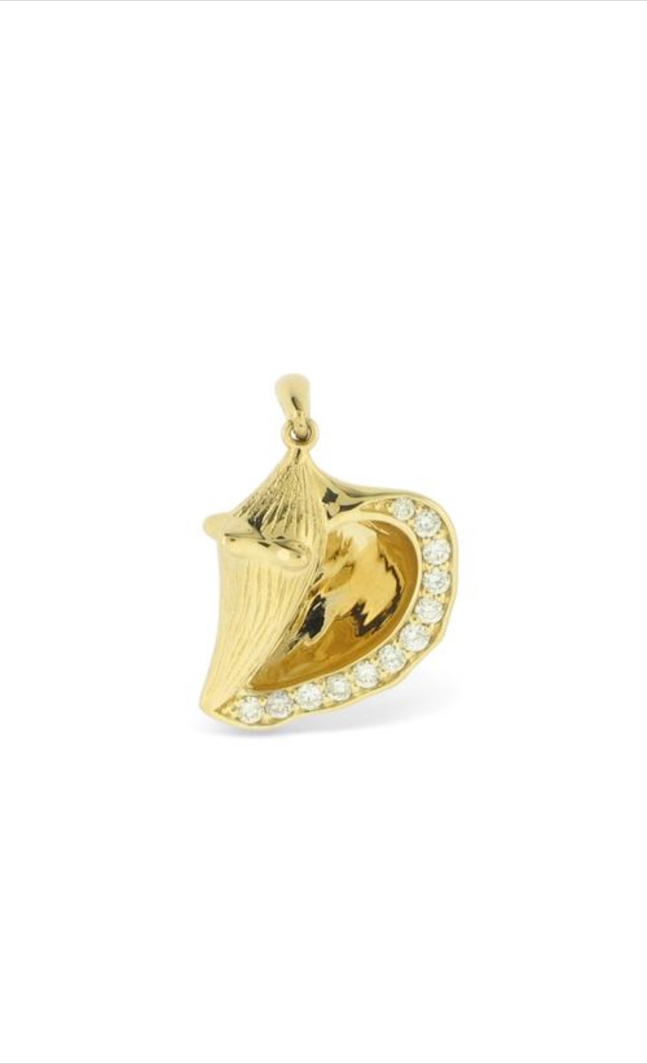 14K yellow gold conch shell pendant with pavé diamond border and bail.