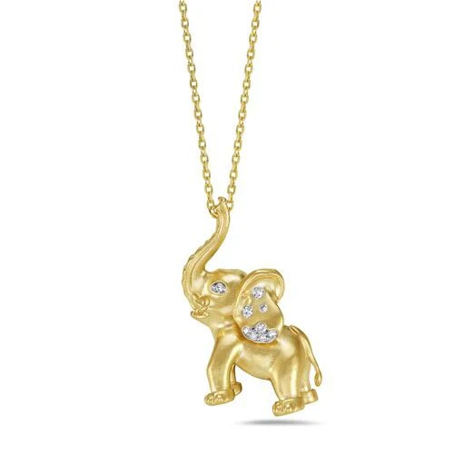 14K yellow gold elephant pendant with small round diamonds on ear, rolo chain.